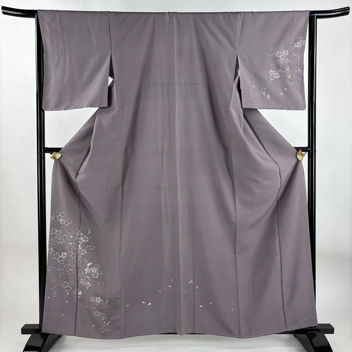 付下げ 身丈160.5cm 裄丈64.5cm M 袷 紬地 桜 金彩 灰紫 正絹