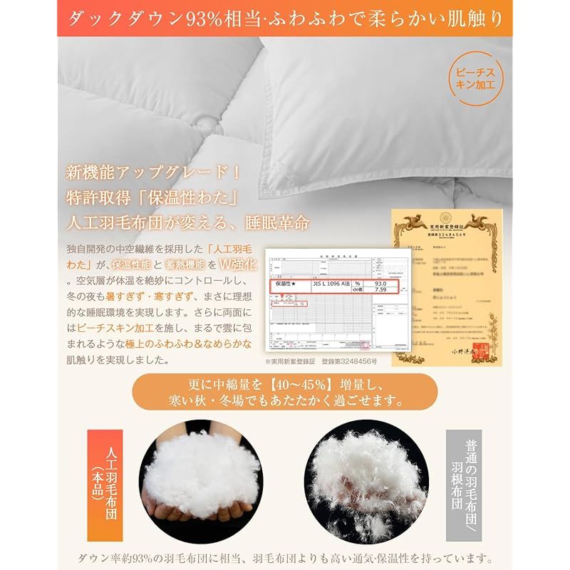 Softime 掛け布団 人工羽毛布団 シングル 冬 ダックダウン93 相当 宇宙服素材エアロゲル採用 羽毛布団より軽量 保温 体にフィットする立体キルト 帝人FWALINE使用保温力 肌掛け布団 軽くて暖かい 冬用 掛けふとん あったか ホコリ出にくい