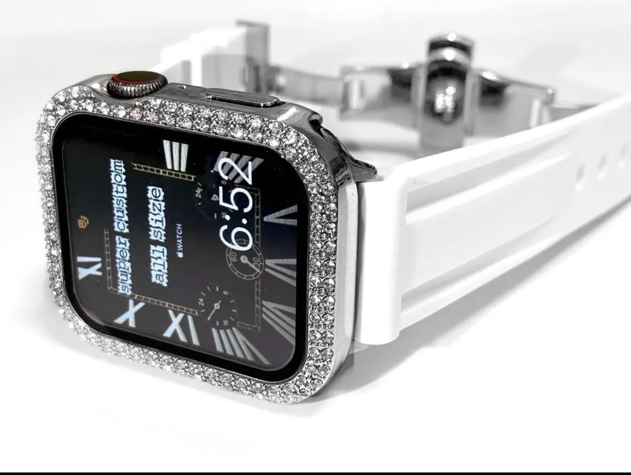銀×白アップルウォッチキラキラカバーケースAppleWatchラバーバンド 