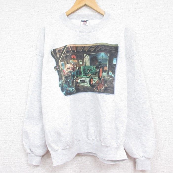 XL/古着 ジャージーズ 長袖 スウェット メンズ 90s Cnarles Freitag アート トラクター 大きいサイズ クルーネック 薄グレー 霜降り 23dec1
