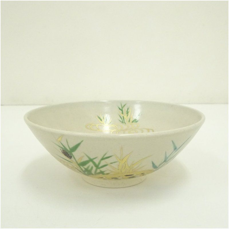 膳所焼 岩崎新定造 色絵芦に蛇篭文平茶碗 堀内家十二代宗完兼中斎書付 共箱 茶道 抹茶 おしゃれ 抹茶茶碗 抹茶碗 和食器 レトロ 茶器 骨董 茶わん 茶会 茶の湯 夏 8月 夏