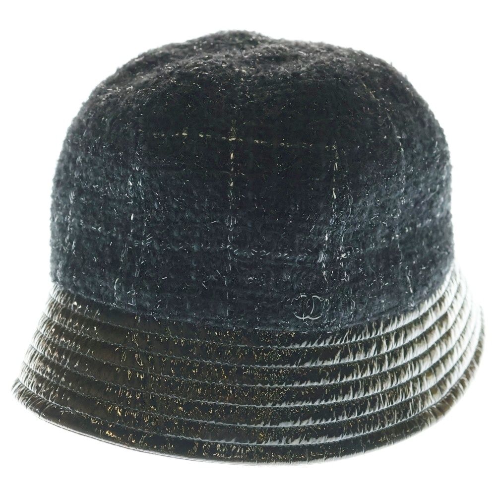 CHANEL シャネル ココマーク パテント切替ツイードバスケットハット 帽子 ブラック レディース