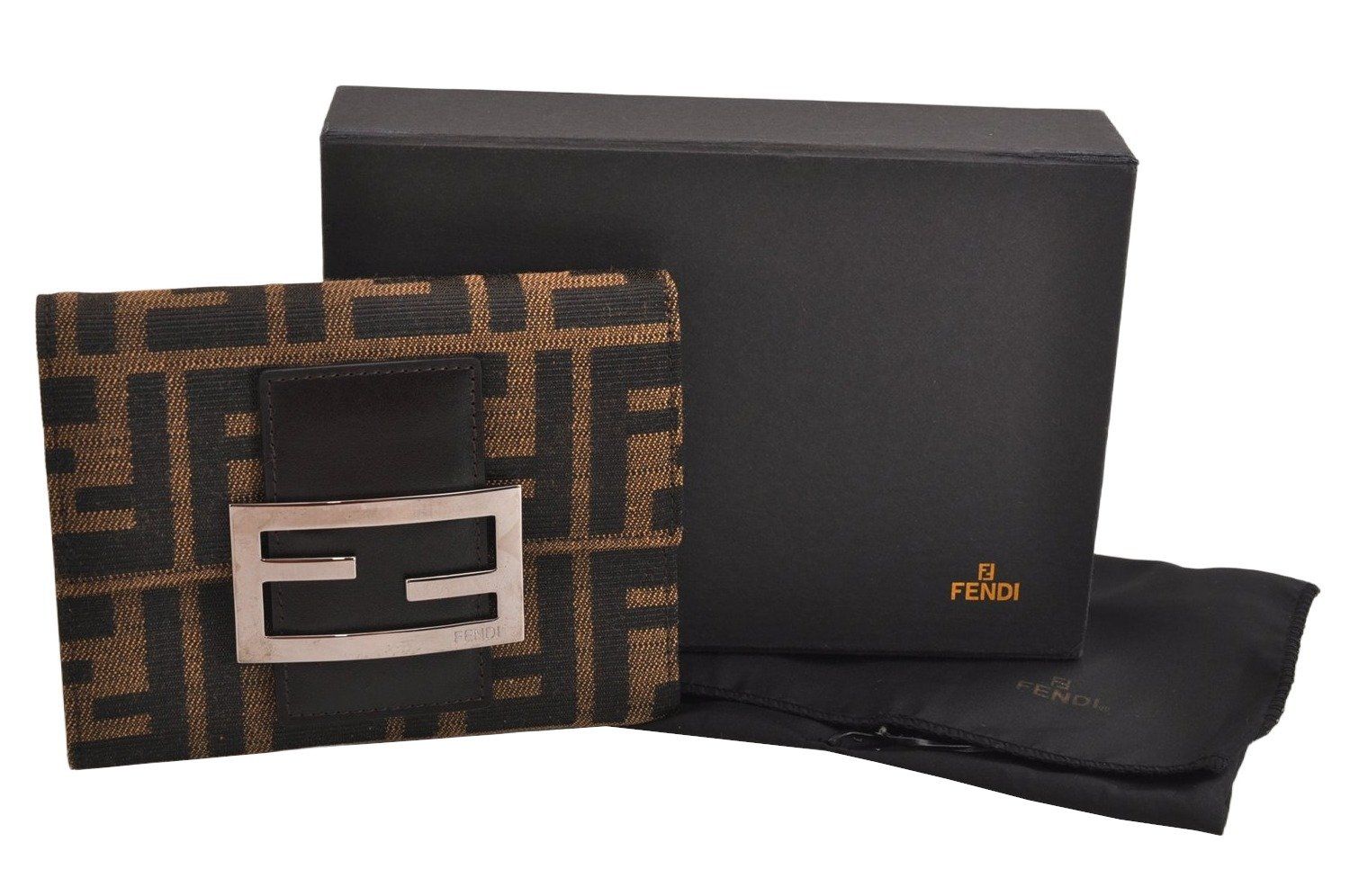 FENDI フェンディ ズッカ柄 三つ折り財布 財布 キャンバス レザー ブラウン 箱 4047M
