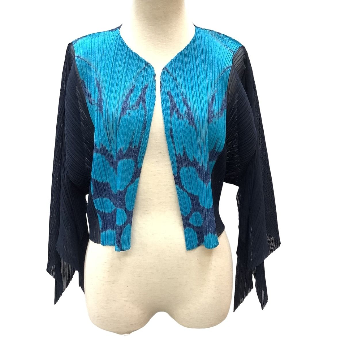 ♪♪ISSEY MIYAKE イッセイミヤケ PLEATS PLEASE 変形 総柄 カーディガン ネイビー×ブルー