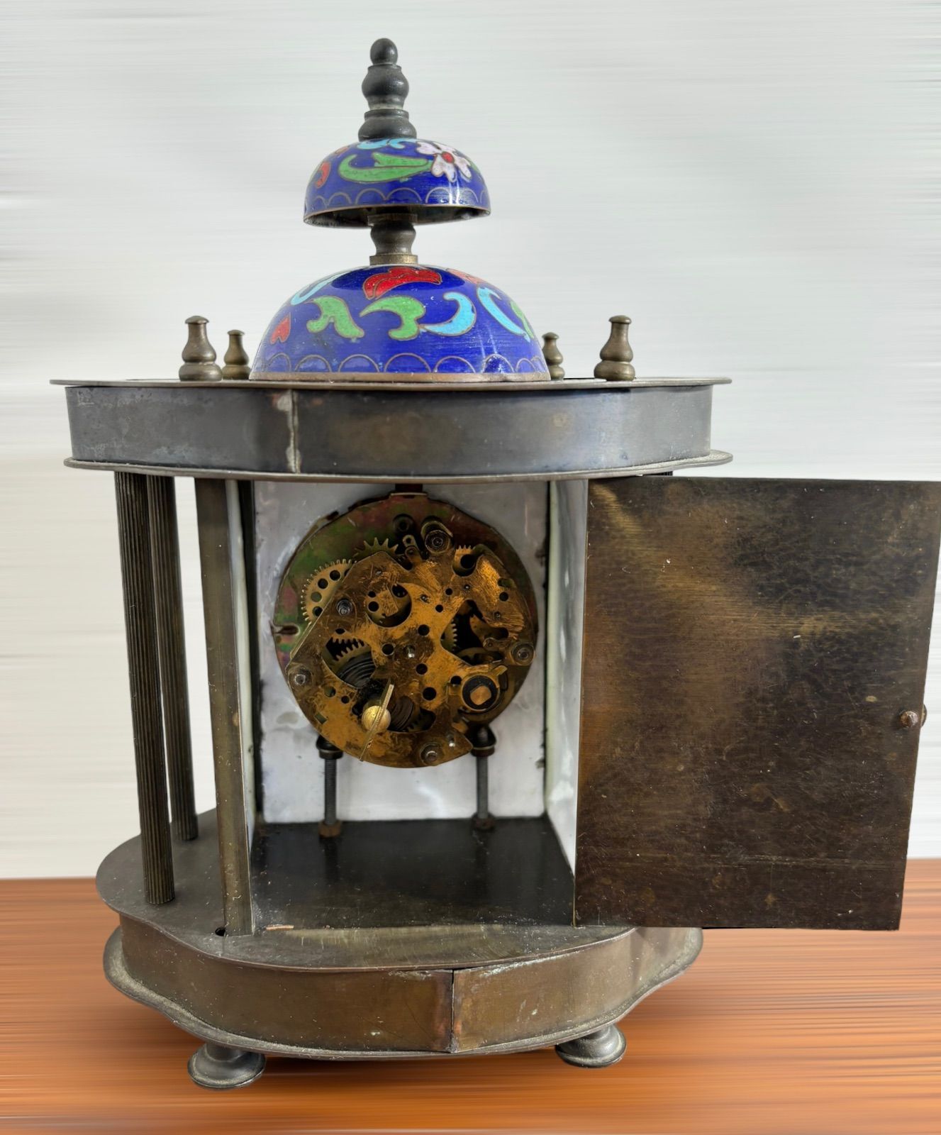 希少品！ドイツ製 七宝 ブロンズ 置き時計 GERMANY 刻印アリ 手巻き可動品 豪華 機械時計 時代物 レトロ アンティーク 置物 L247545