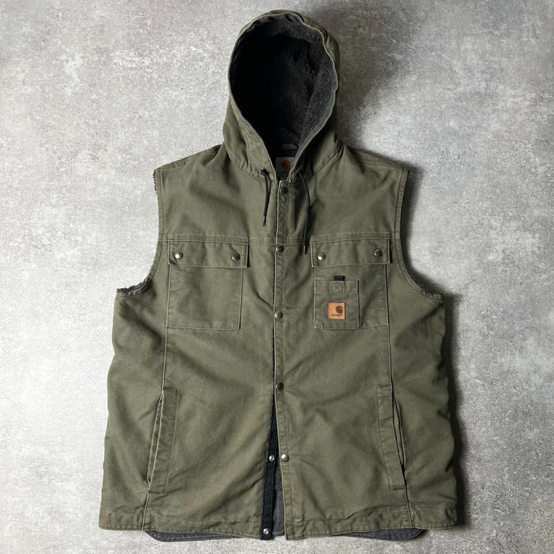 や*）様 Carhartt フード付きベスト モスグリーン Carhartt ボア ライナー コットン ダック パーカー ベスト XL