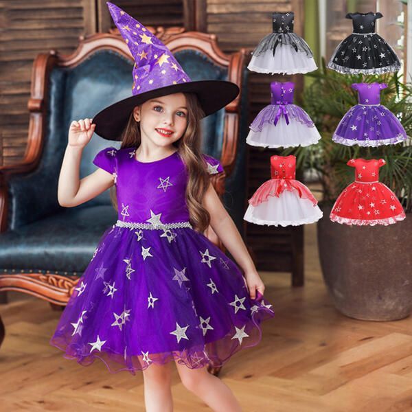 女の子 ワンピース ハロウイン コスプレ 魔女 悪魔 ドレス コスチューム 子供ワンピース プリンセスドレス 洋風 演出 舞台 Halloween衣装 コスプレ衣装 パーティー イベント 帽子付き 仮装 キッ
