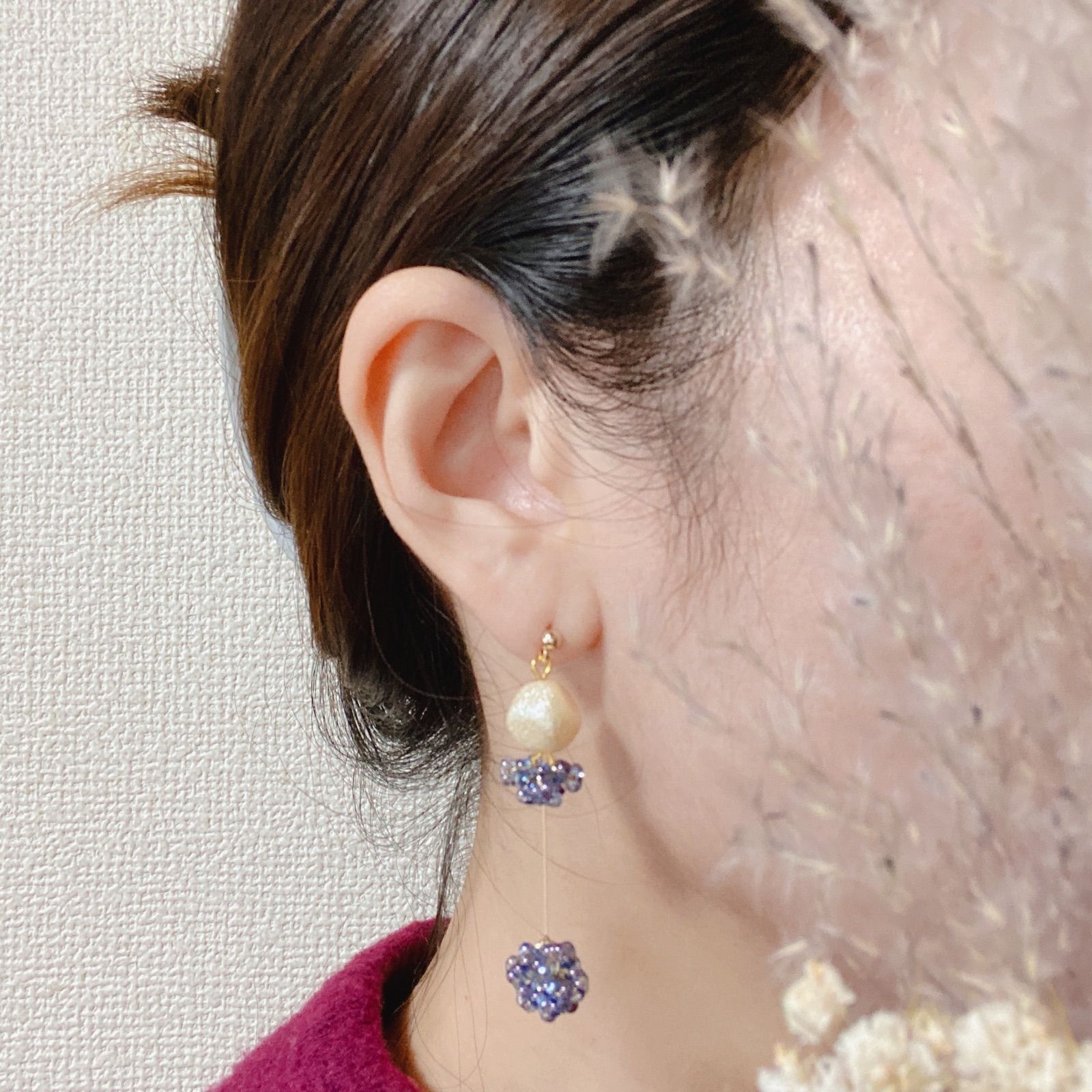 67：優しい風合いコットンパールとたっぷりファルファーレのピアス　ハンドメイド コットンパールとファルファーレビーズのアクセサリー - メルカリ
