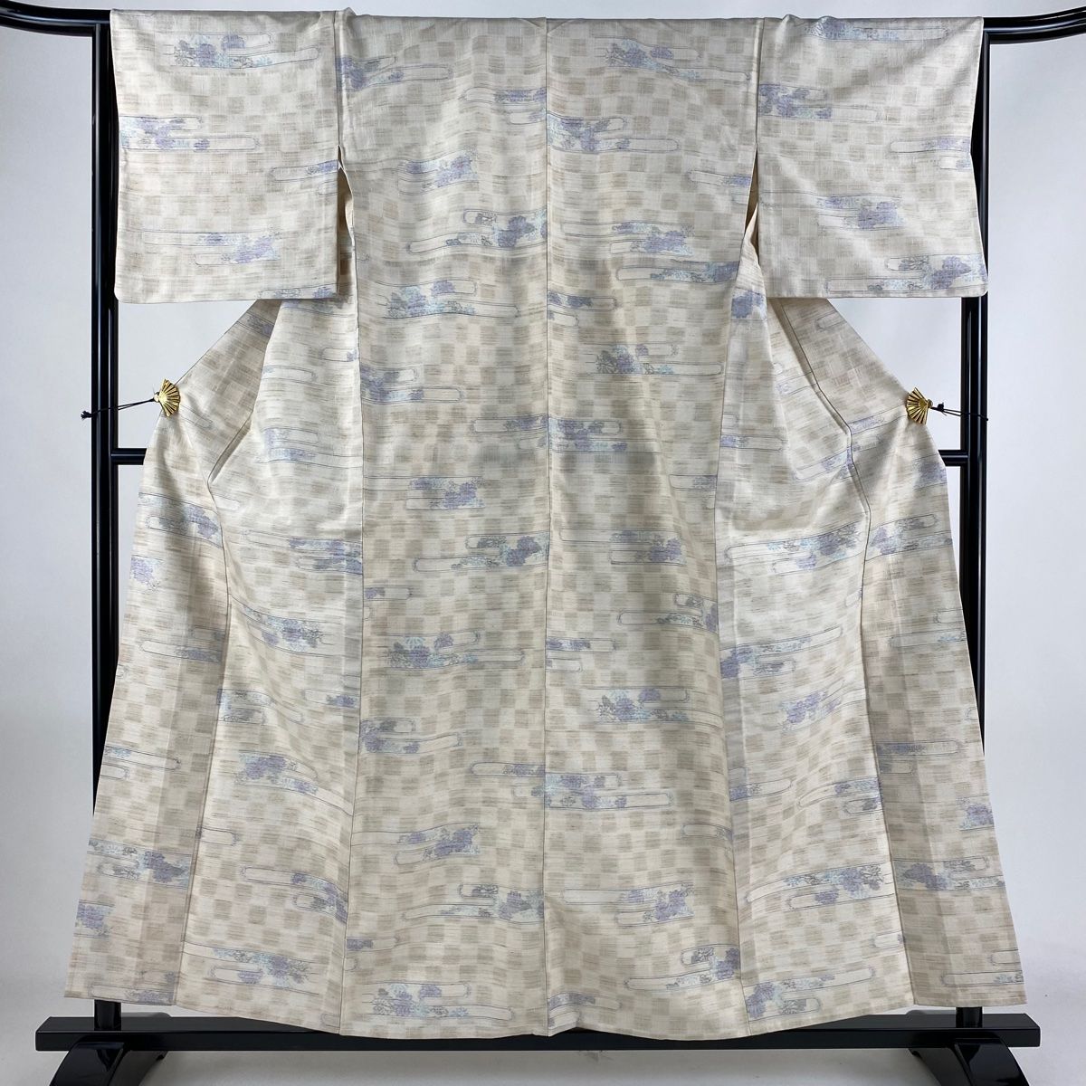 紬 身丈157.5cm 裄丈65cm M 単衣 ヱ霞 菊 ベージュ 正絹 秀品