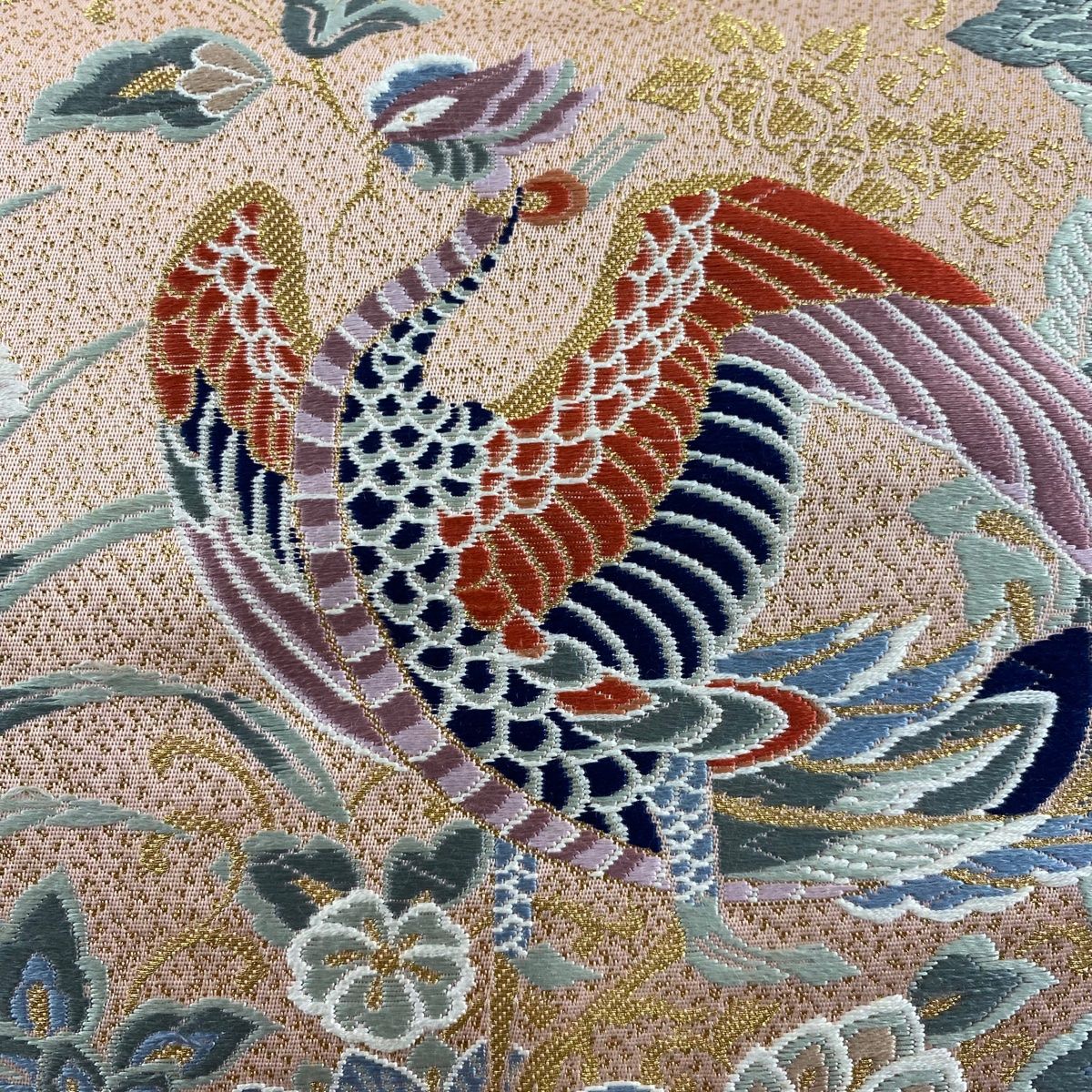 P492厳選西陣 手織り 振袖可 亀甲花鳥紋 金色地 正絹純金糸六通