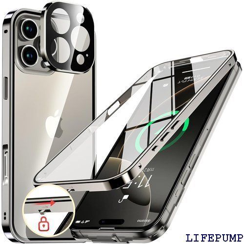 NIANGUO ロック機能付き・自動ポップアップボタン iPhone16 Pro Max 用 ケース クリア 両面強化ガラス 9H硬度 一体型レンズ保護 アイフォン16プロマックス カバー アルミバンパーケース メタルフレーム 耐衝撃 傷 チ グレー 3003