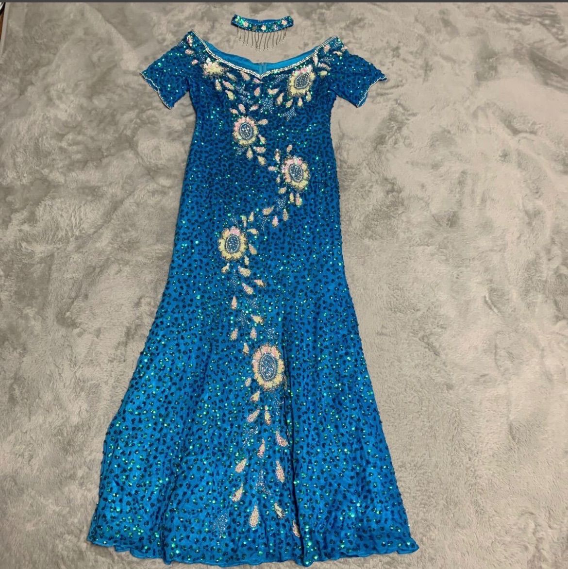 青い社交ダンスドレス スパンコール装飾 社交ダンス スパンコールドレス ロングドレス スタンダード 花柄