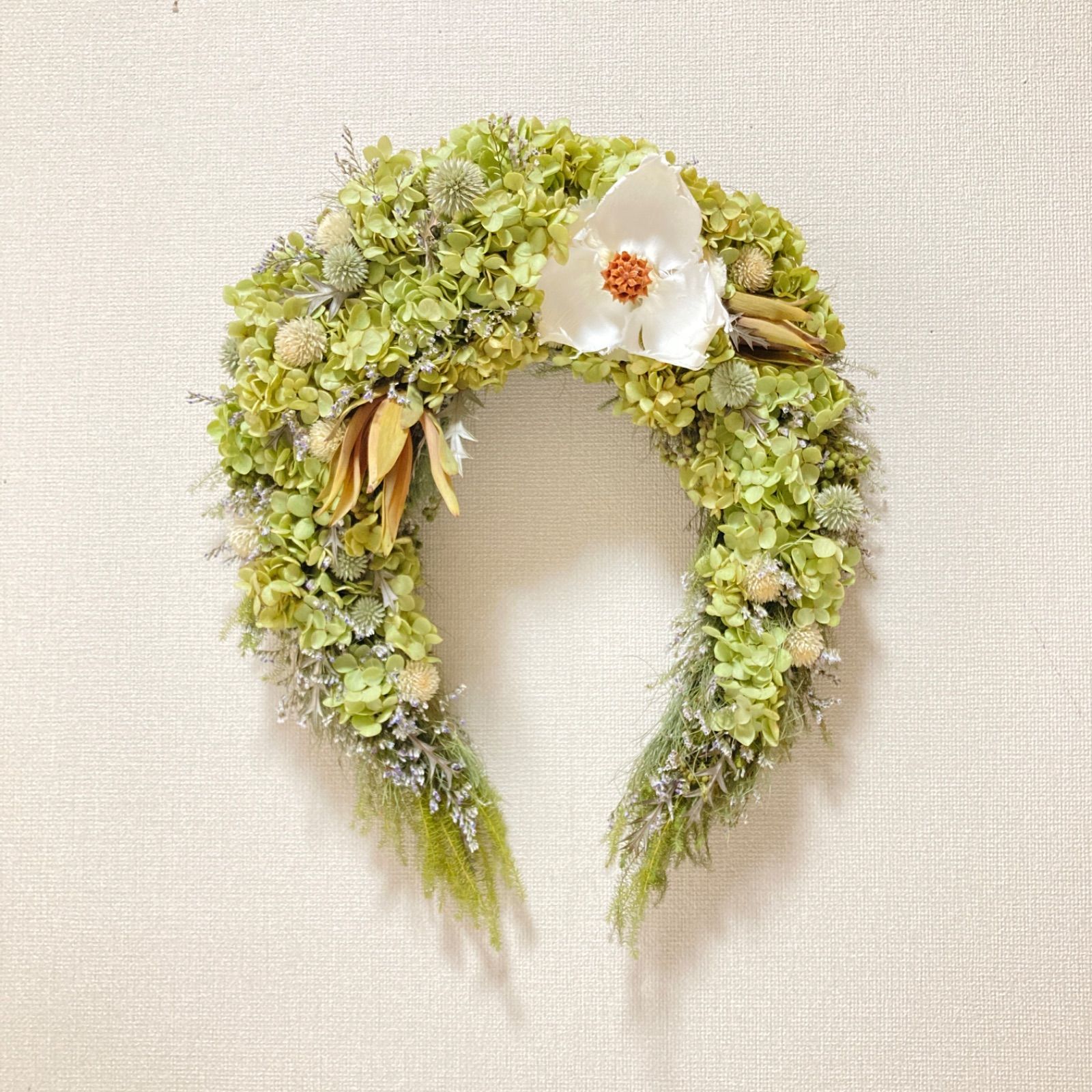 幸せを運ぶアナベル馬蹄リース パームフラワー - メルカリ