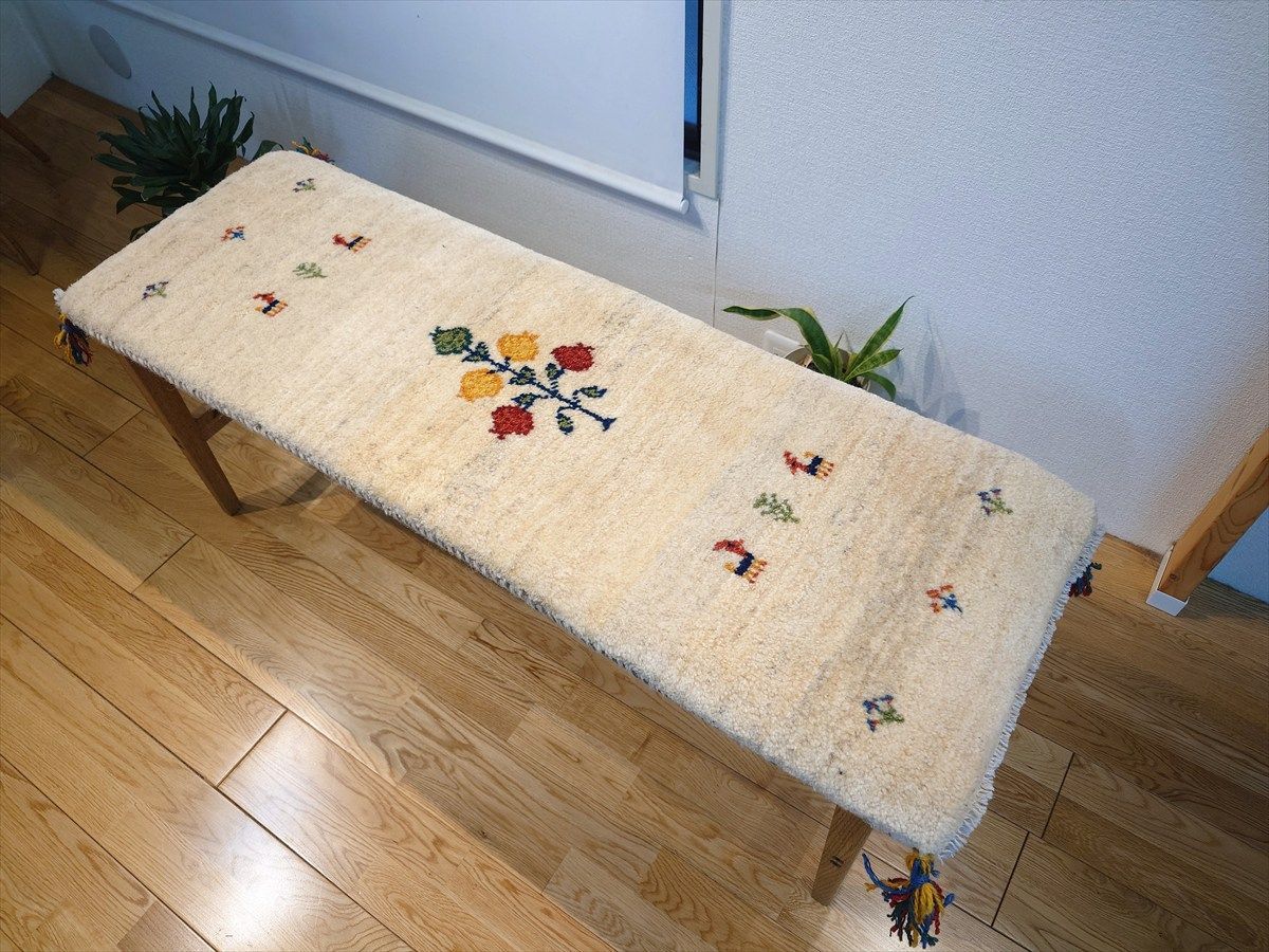 ペルシャ ギャッベ ミニランナー ラグ 118x40㎝ アイボリー 花 RJ14508