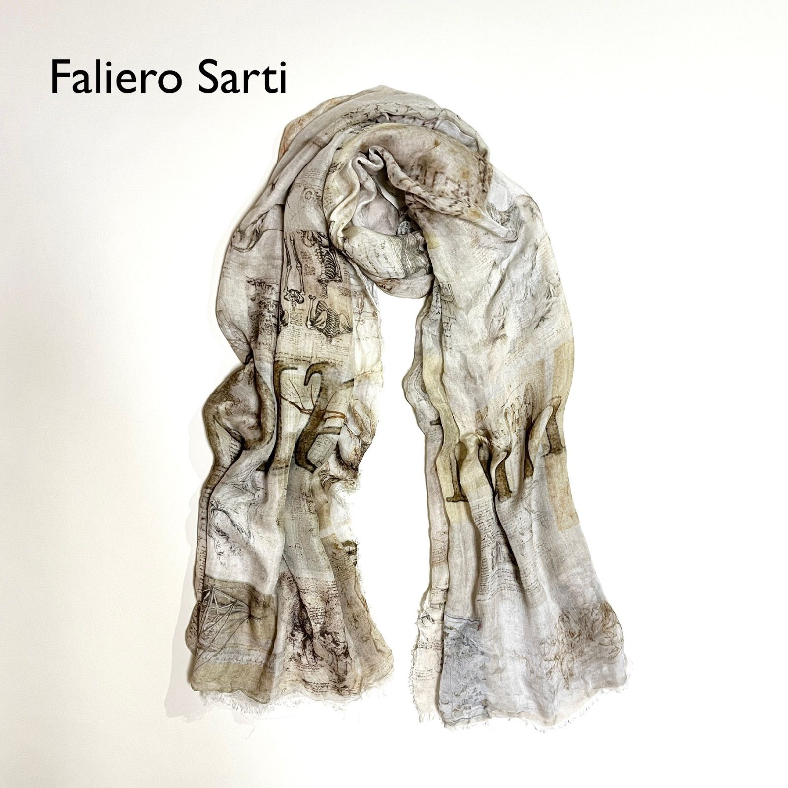 cj08 Faliero Sarti レオナルド ダヴィンチ 大判 ストール ウール カシミヤ ショール 総柄 フリンジ ファリエロサルティ