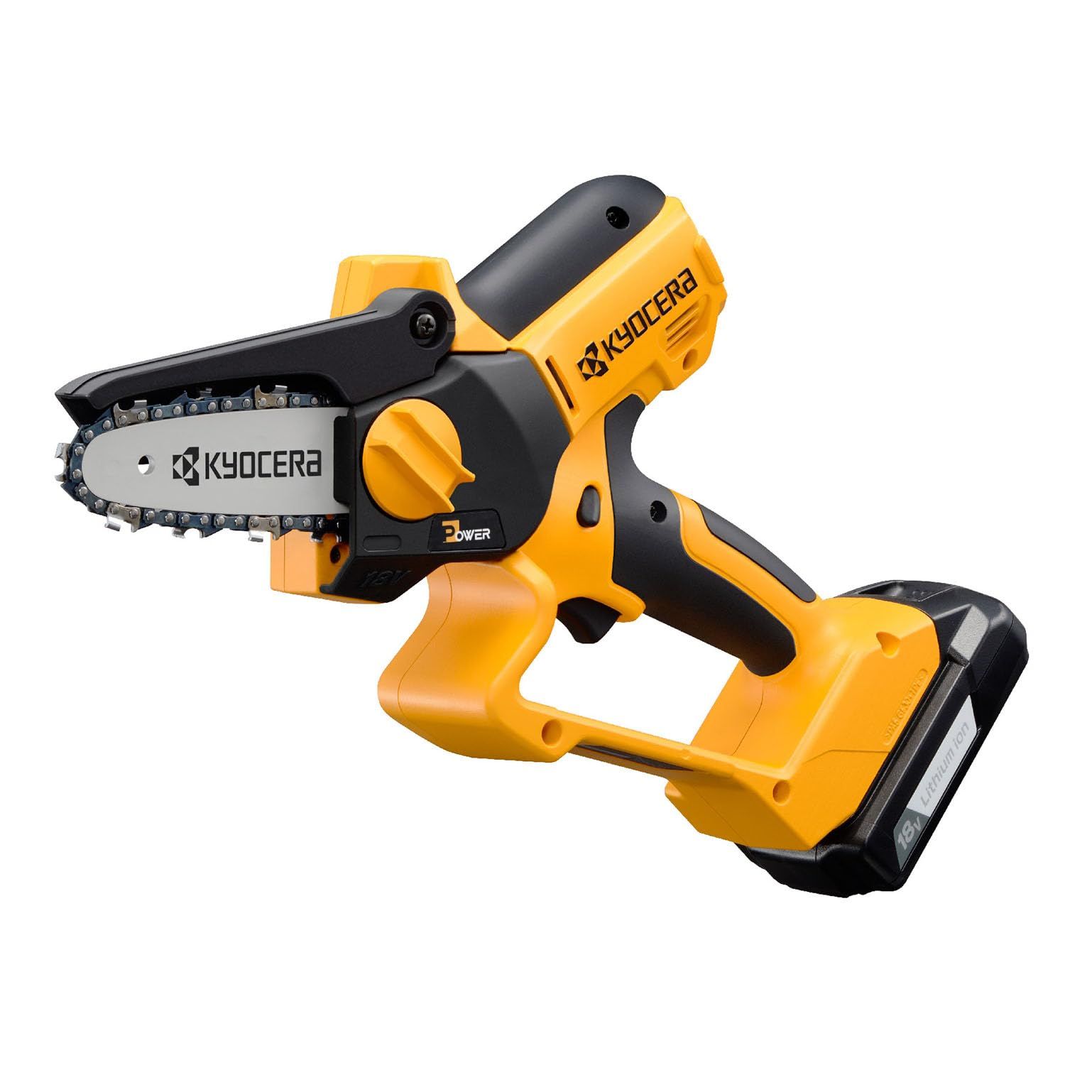 663400A ハイパワーモーター搭載で硬い枝でも止まらない 片手で使える BHCS-1810L1 切り口が滑らかで切断時の負担も小さい 安全性を考慮した2つのガード 可動式ガードとハンドガード でケガの防止 充電式ハンディチェンソー 枝打ち 枝の剪