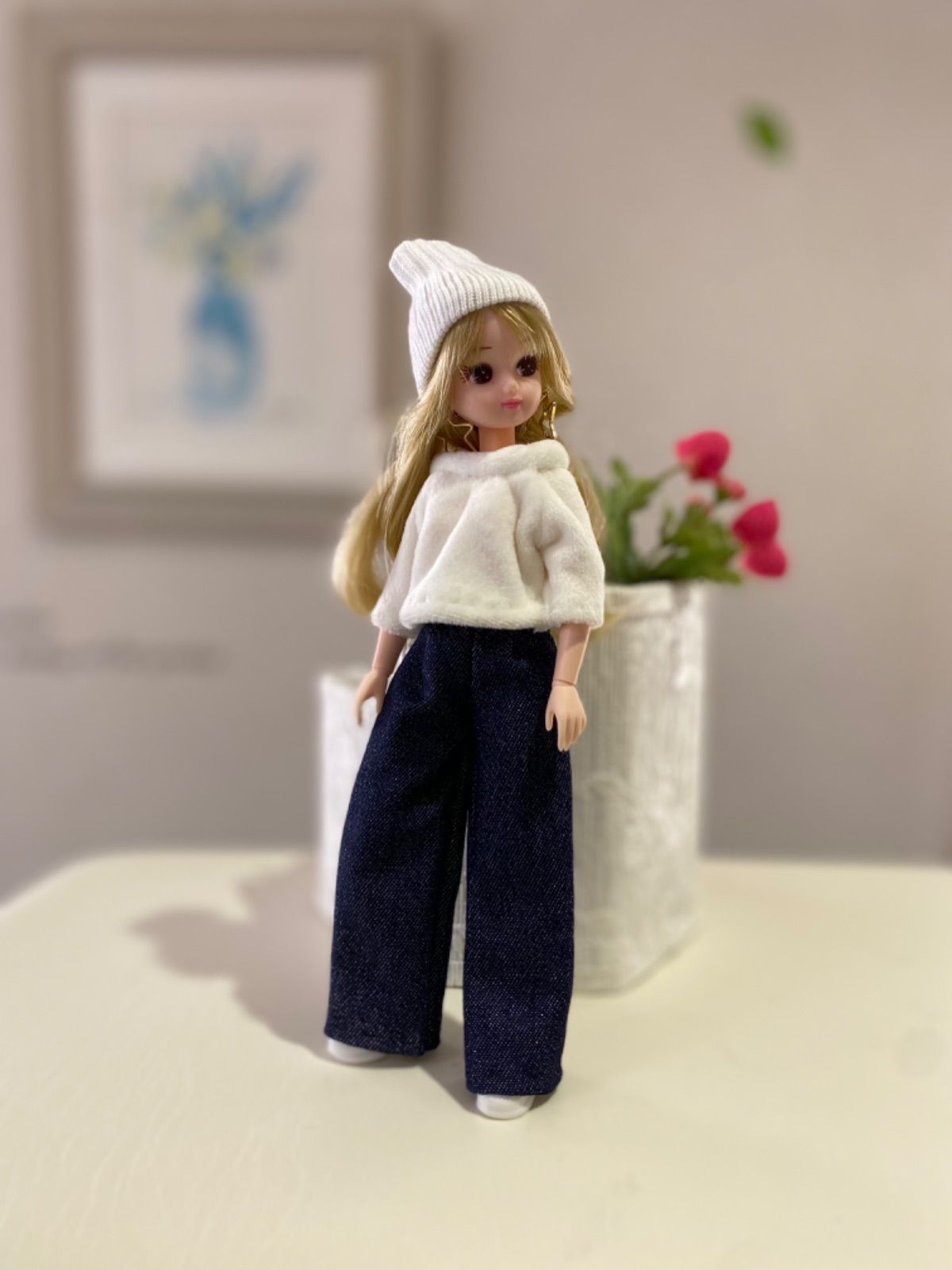 リカちゃんハンドメイド服 シンプルデニムワイドパンツコーデ3点