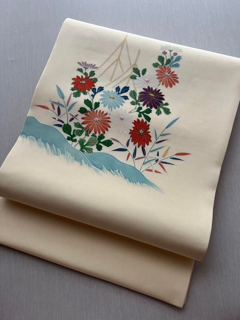 未使用　塩瀬　名古屋帯　クリームに菊　御所解 相良刺繍 メルカリ