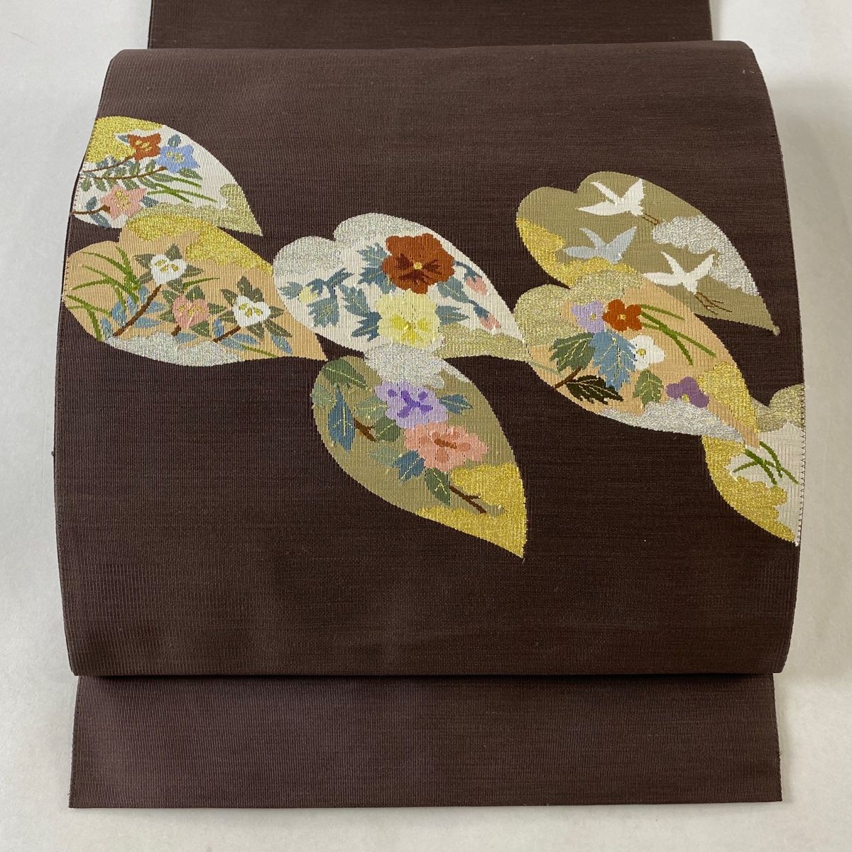 名古屋帯 名品 松葉仕立て 八寸名古屋帯 草花 鳥 金銀糸 茶紫 正絹