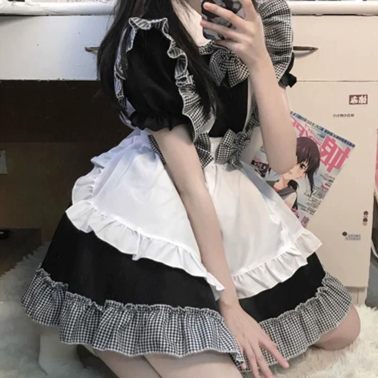 メイド服 エプロン カチューシャ 6点セット コスチューム メイド リポン かわいい 衣装 フルセット 仮装 チェック柄 ワンピース 半袖 レディース 可愛い 男ウケ セクシー ミニ丈 メイドカフェ衣#yskma603167