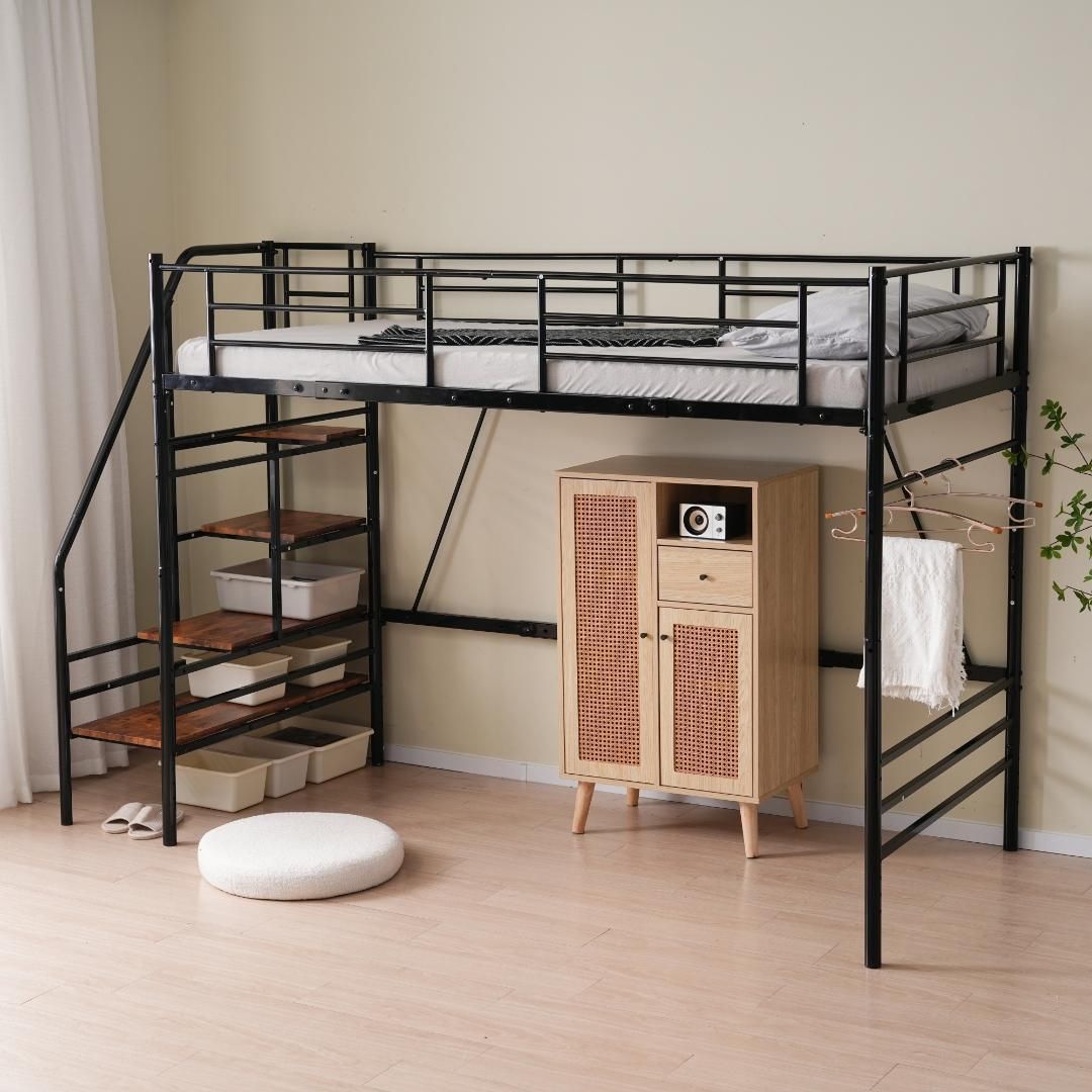 マットレス2個付】Sロフトベッド 階段付きパイプベッドシングル収納