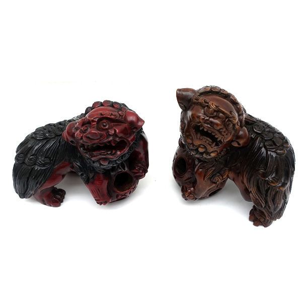 ◇木彫りの玉乗り獅子 シーサー 2体セット 生活雑貨 [0220519020