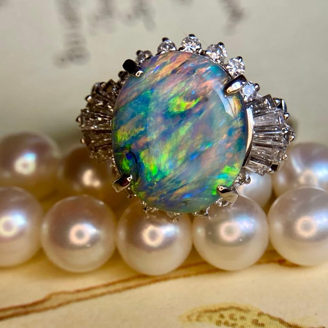 pm900 天然ブラックオパール 3.38ct × ダイヤモンド0.68ct リング 指輪 昭和レトロ｜ソーティング付き