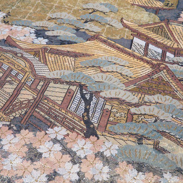 袋帯 中古 正絹 全通 本金箔 群鶴洛中洛外図 箔糸 多色 金 A1211