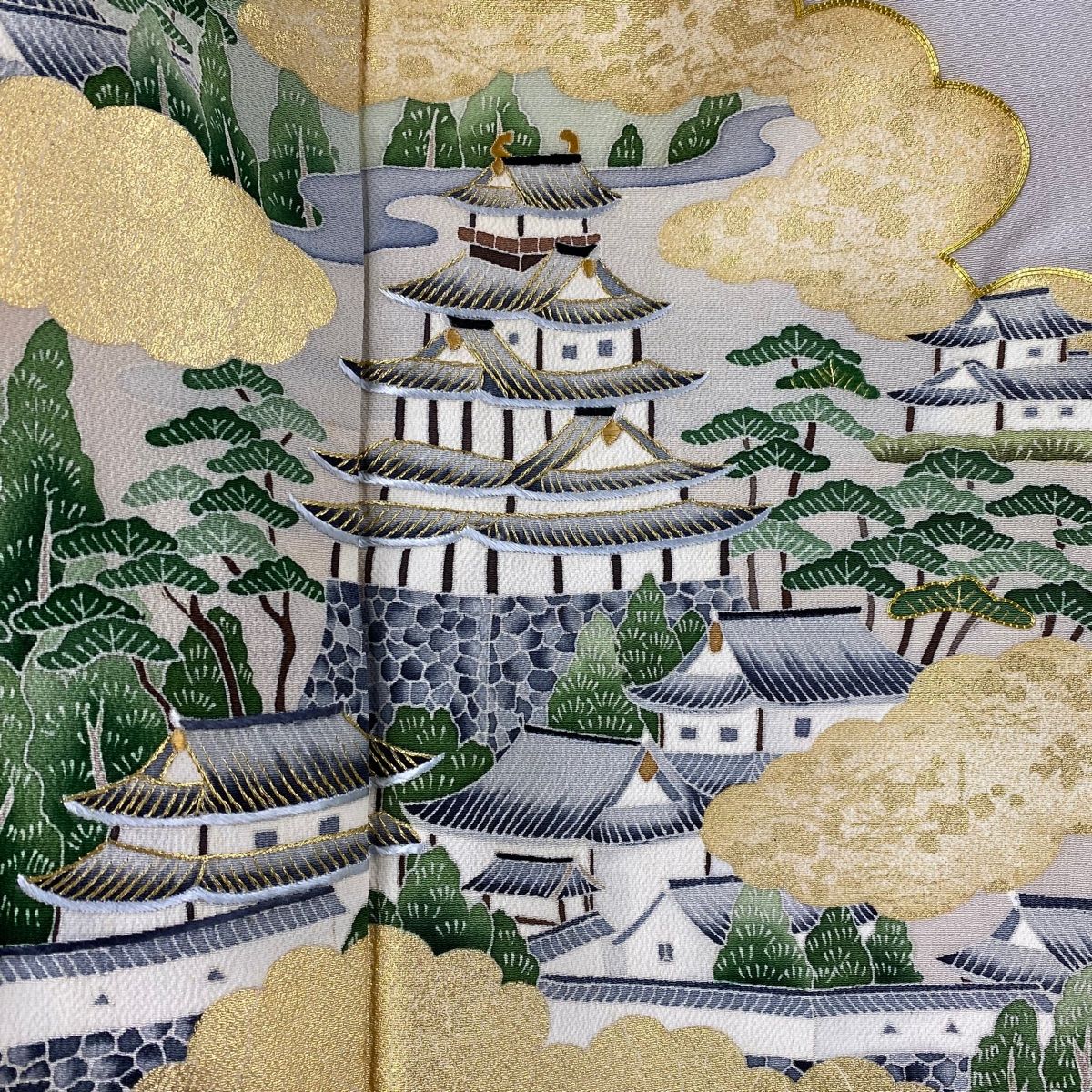 金彩友禅 青灰色 漁村風景 正絹色留袖 160cm k933