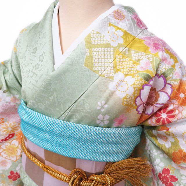 振袖 着物 中古 正絹 金駒刺繍 花模様 桜 菊 地模様 銀通し 若