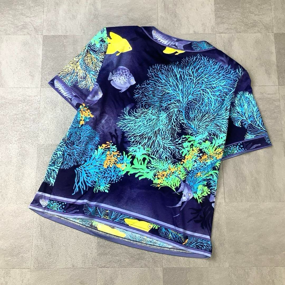 LEONARD ハーフジップ 魚柄 カットソー 半袖 ネイビー