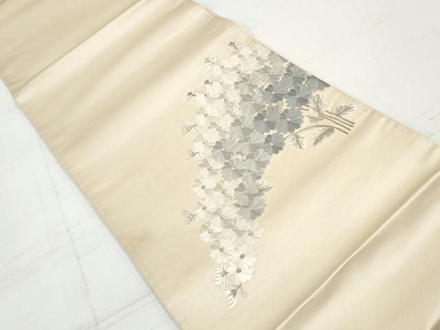 平和屋着物◎太鼓柄袋帯 総刺繍 枝花文 銀糸 正絹 逸品 DAAV0855qa  