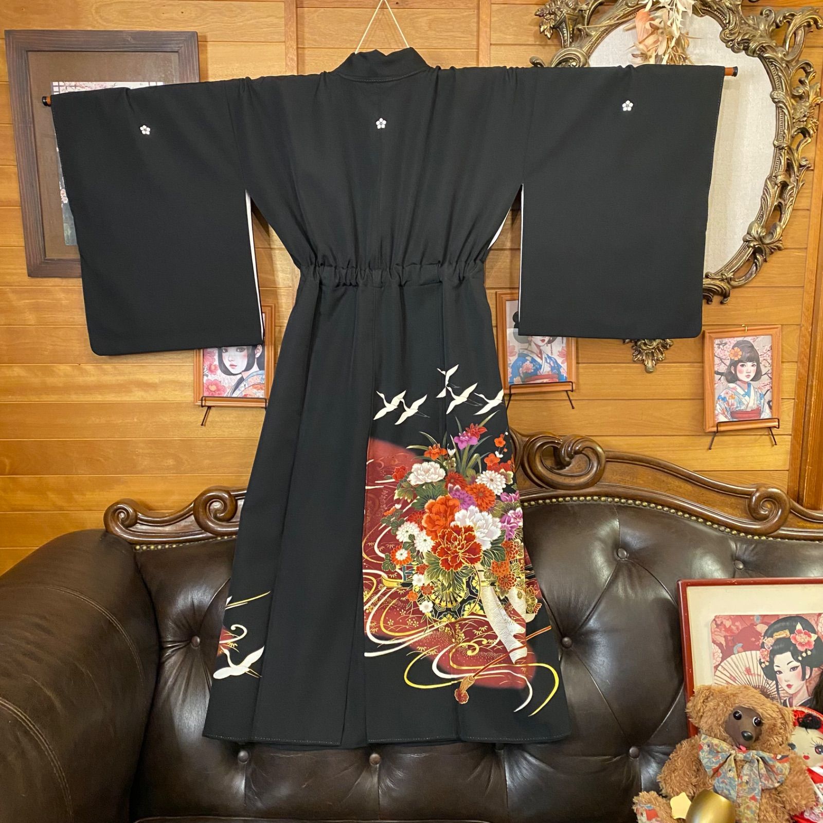 黒留袖 着物 リメイク ロングワンピース ドレス 洗える 化繊 二/2部式