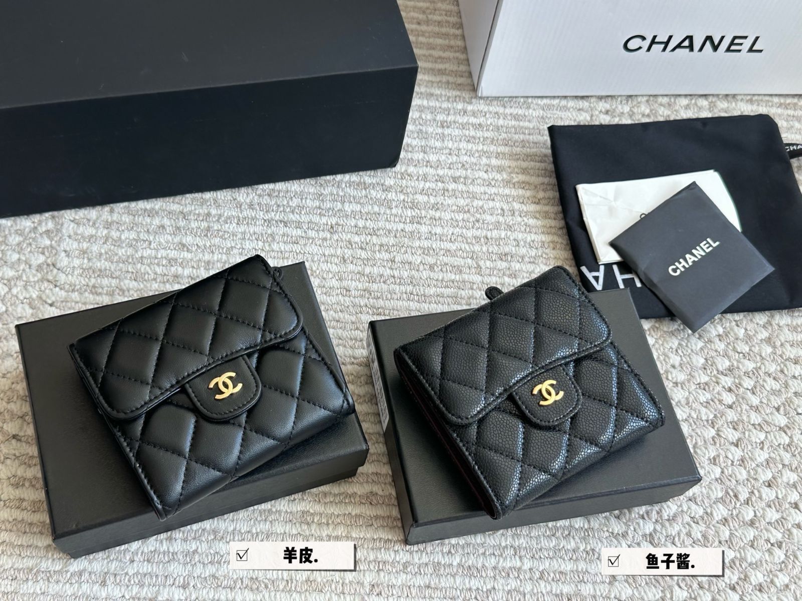 CHANEL◇キャビアスキン/ココマーク/ラムスキン/3つ折り財布/羊革/BLK