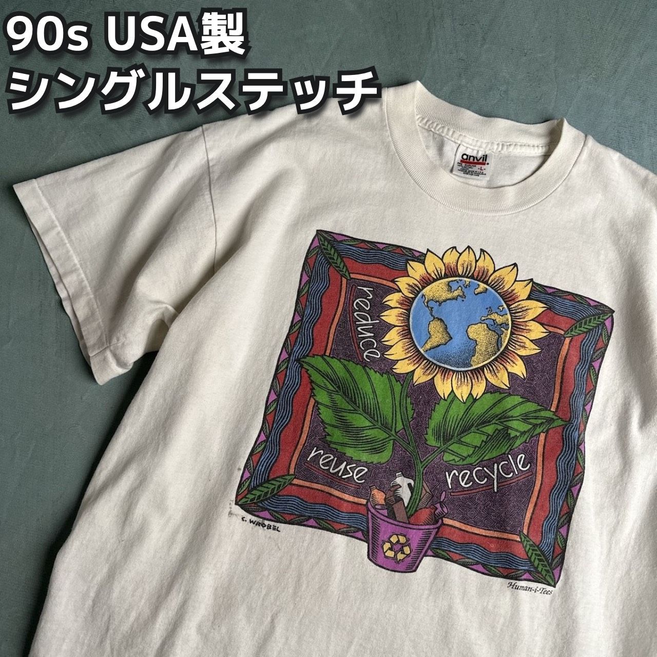 90s USA製 Human-i-Tees シングルステッチ アート ひまわり 半袖 T 