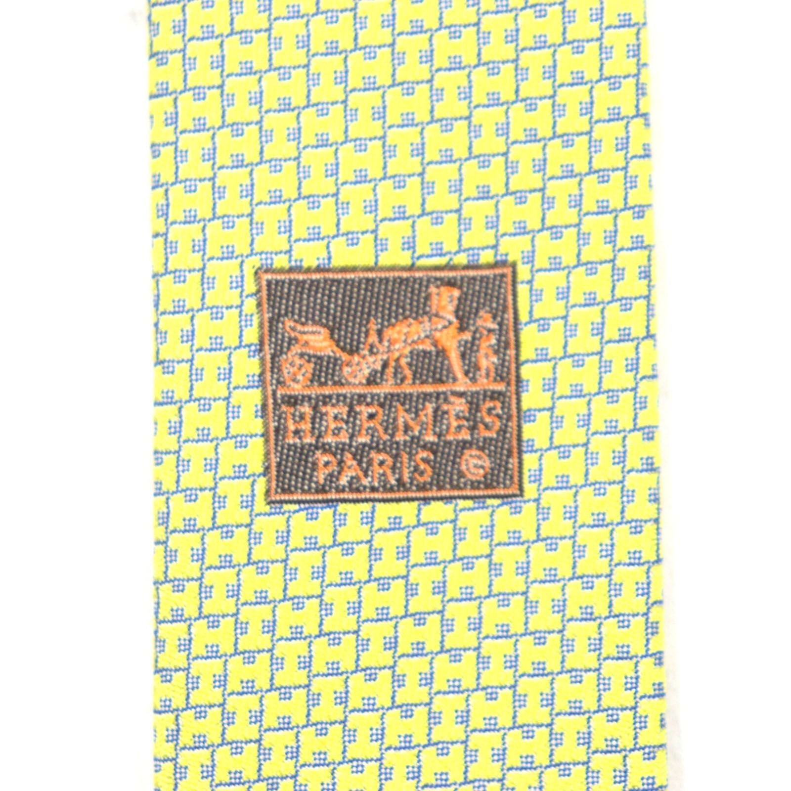 HERMES シルク100% イエローネクタイ　Hロゴ総柄　美品 極美品▽HERMES エルメス シルク100% Hモチーフ 総柄 ネクタイ