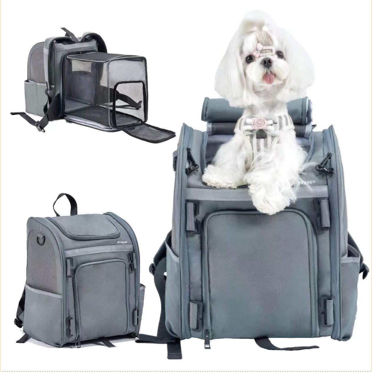 数量 拡張式ペットキャリー 折りたたみ可 着脱式リュック対応 小型犬 猫用 6kg以下 飛び出し防止 通気性メッシュ 車載可 旅行|避難|アウトドアに最適 グレー