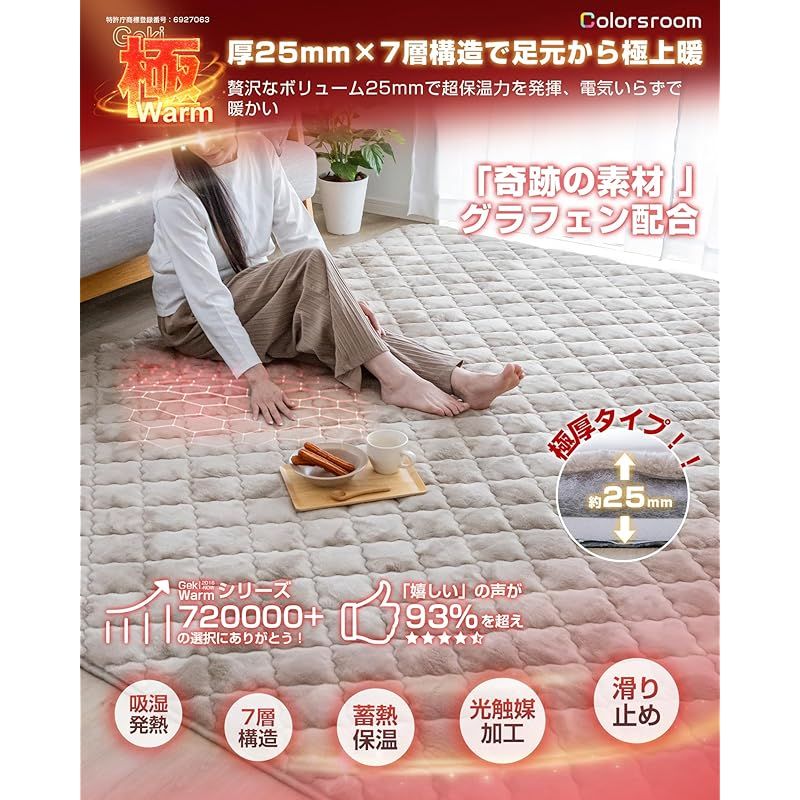 在庫 Colorsroom ラグ カーペット 厚25mm 冬 ふわふわ 約2畳 7層構造 奇跡の素材グラフェン配合 ラグマット 接触温感 吸湿発熱 断熱 蓄熱 遠赤保温 あったか アルミシート入り 厚手 防音 静電気加工 滑り止め付 こたつ敷 0