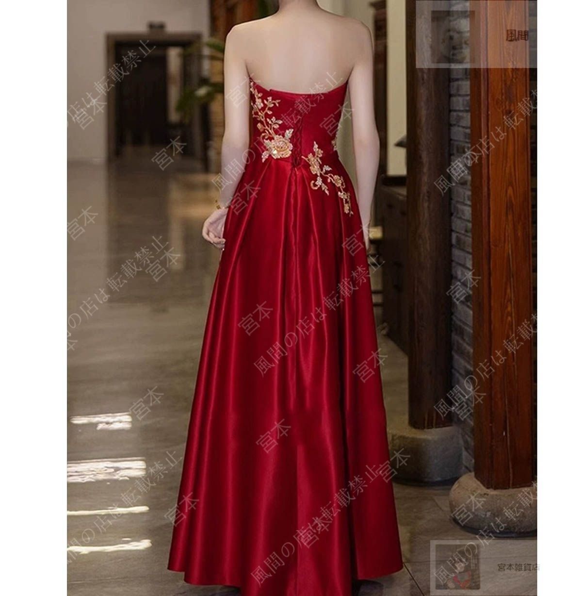  イブニングドレス 結婚式 ウェディングドレス チューブトップ ワインレッド 赤 ビスチェ ロングドレス 光沢感 刺繍 チャイナ風 キレイめ Aライン パーティードレス 前撮り 演奏会 編み上げ 1020 カラードレス ドレス ブライダル