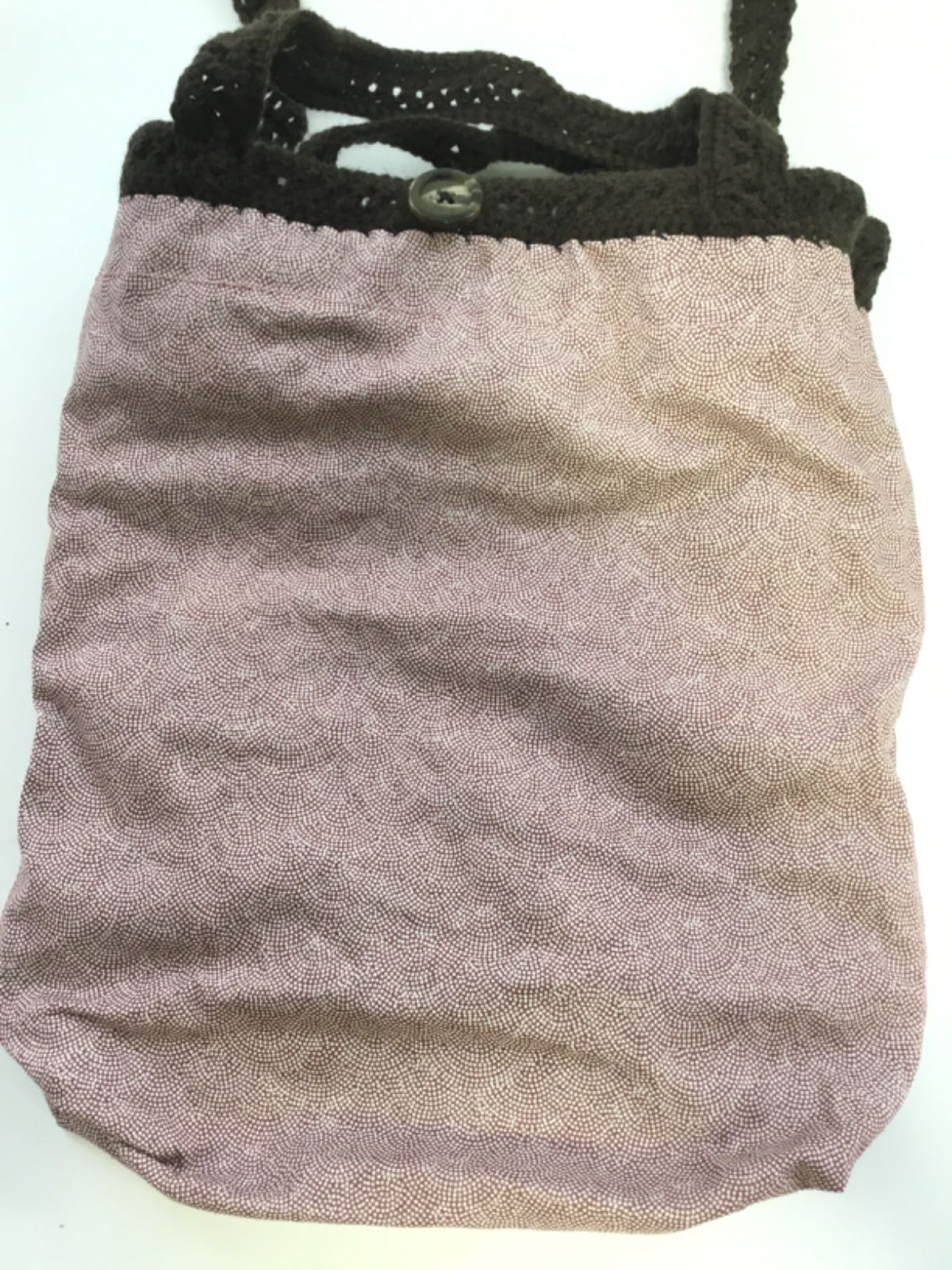 ハナフイ 秋の ハンドメイド 毛糸 手編み 2Way ショルダーバッグ 裏地付き 花柄 茶色 ブラウン 黄色 イエロー