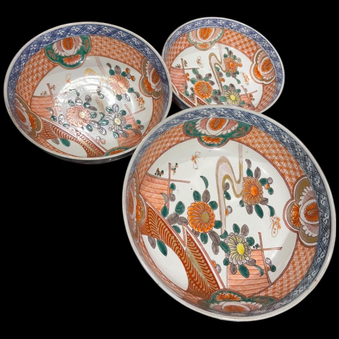 古伊万里 3つ鉢セット 金彩 色絵 色絵磁器 明治江戸 骨董 アンティーク
