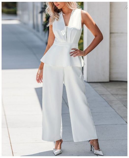 カップシー レディース ジャンプスーツ トップス Women s Elegant Sleeveless Jumpsuit White