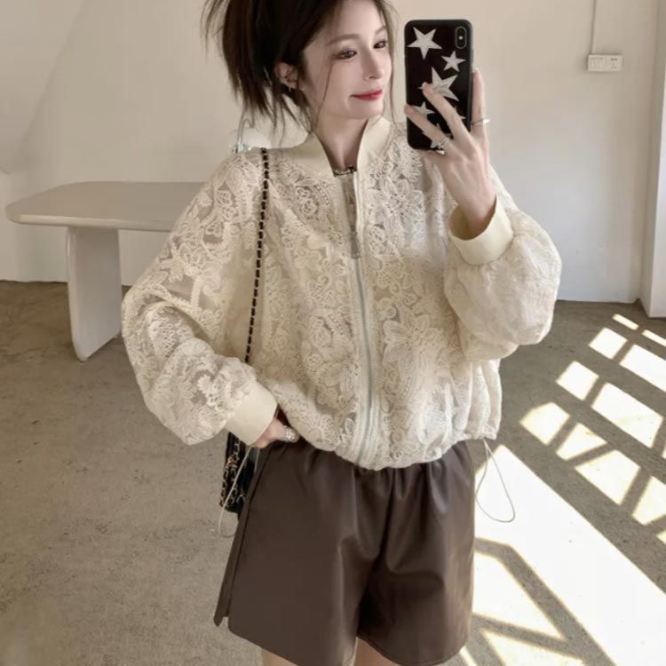 ブルゾン ジャケット 花柄レース シアー 透け感 薄手 ライト