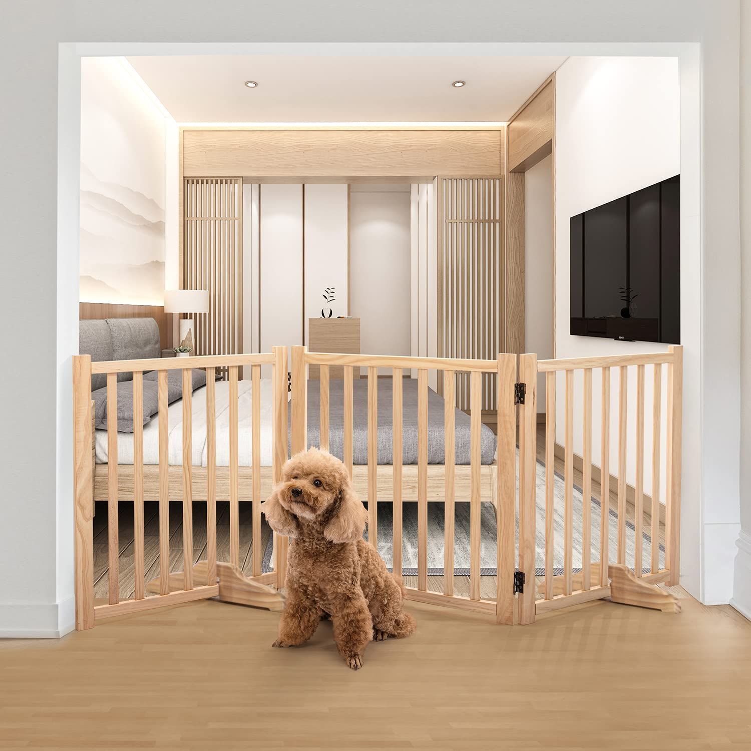 特価商品 木製犬用ゲートペットフェンス、折り式バリア、ペット用家具フェンス 、安全柵 小型犬 中型犬 脱走防止 ガード 飛び出し防止 多頭飼い ペットガード (高さ43cm、長さ182cm、3つのパ