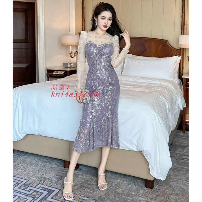 長袖ロングドレスワンピース 紫