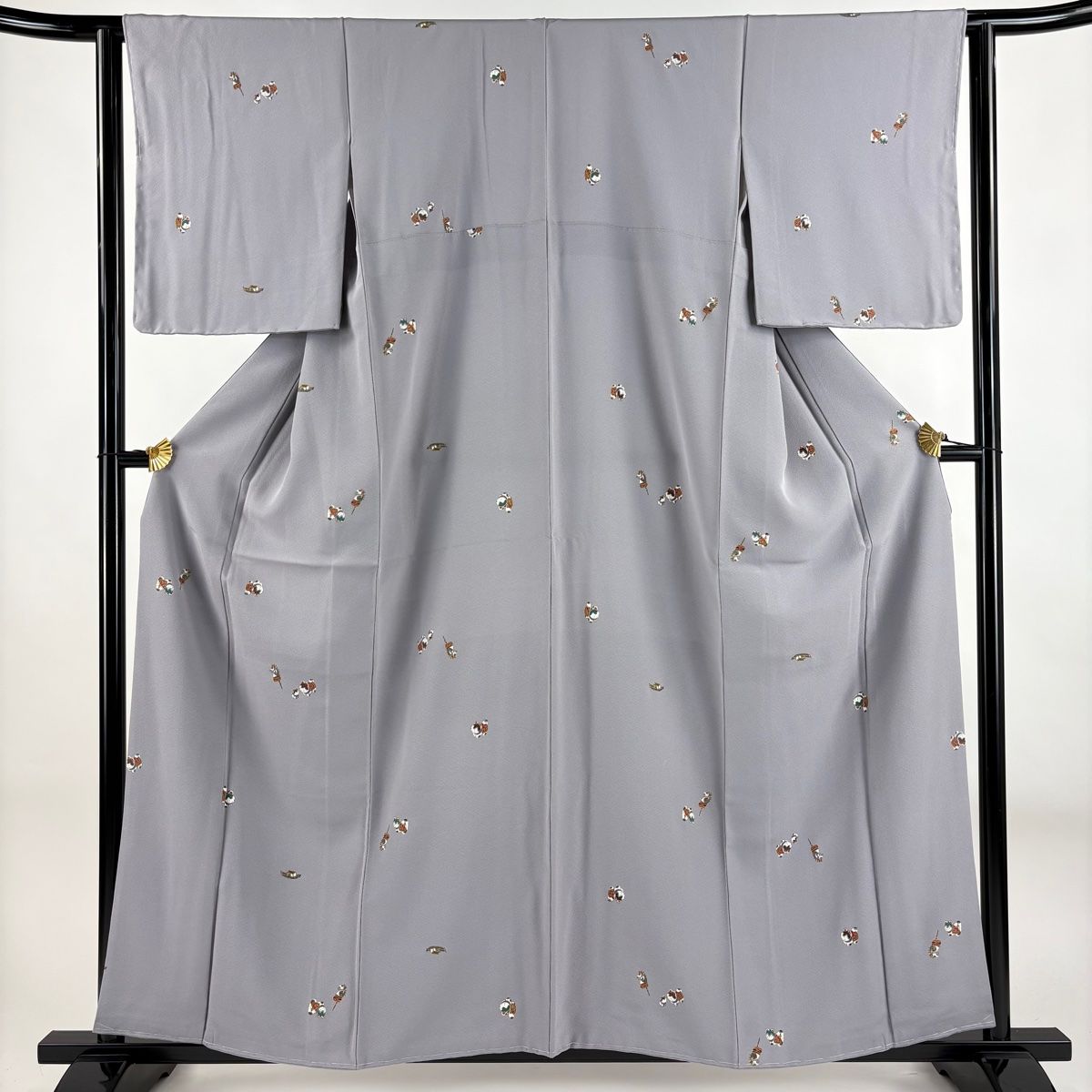小紋 身丈158.5cm 裄丈63cm S 袷 狛犬 舟 金彩 灰紫 正絹 秀品
