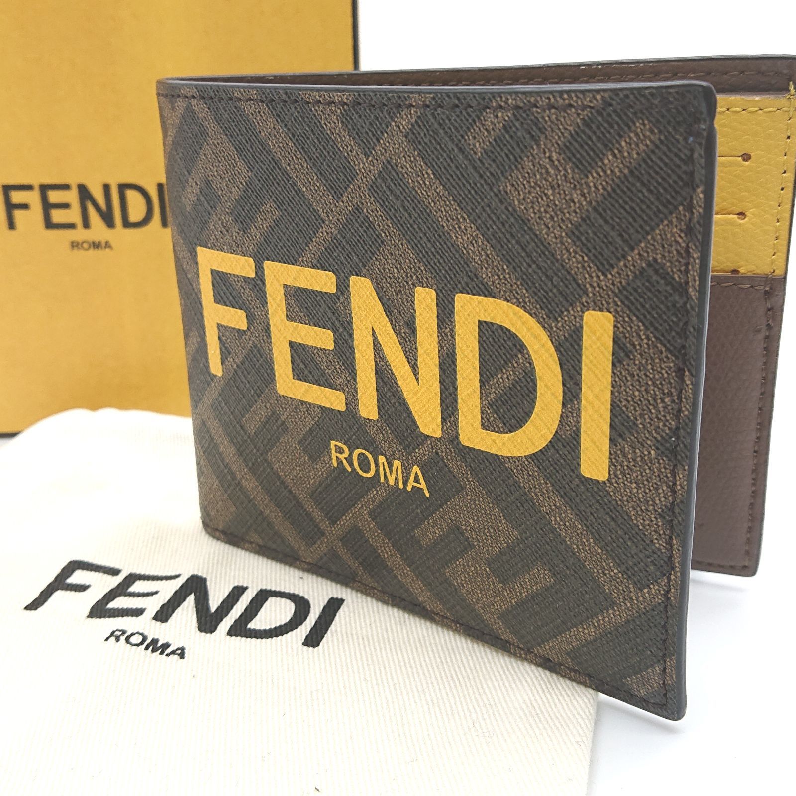 値下げ済　FENDI 二つ折り財布 ブラウン/イエロー Fendi フェンディ 二つ折り財布 ブラウン/イエロー