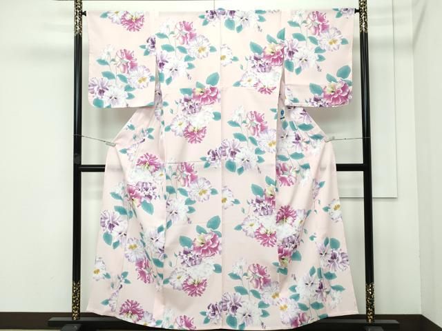 平和屋着物 上 夏物 撫松庵 小紋 浴衣兼用 セオアルファ 草花文 白茶色地 洗える着物 ♥ CZAA3709s5