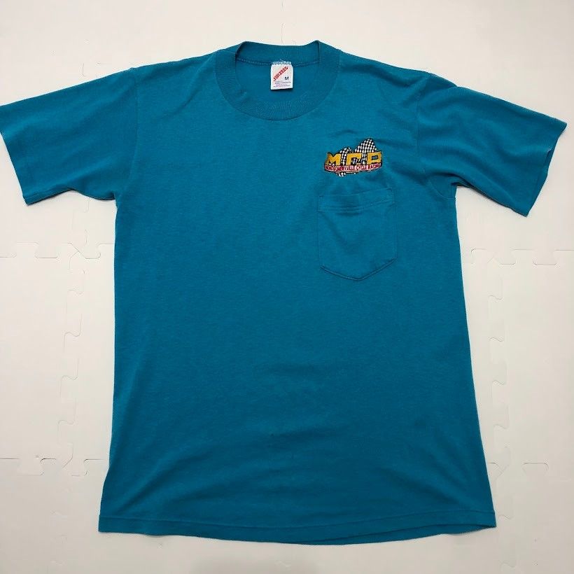 JERZEES/ジャージーズ/ポケットTシャツ/カットソー/レーシングロゴ/80's/made in USA/メンズM/カリビアンブルー/若干の穴あき有