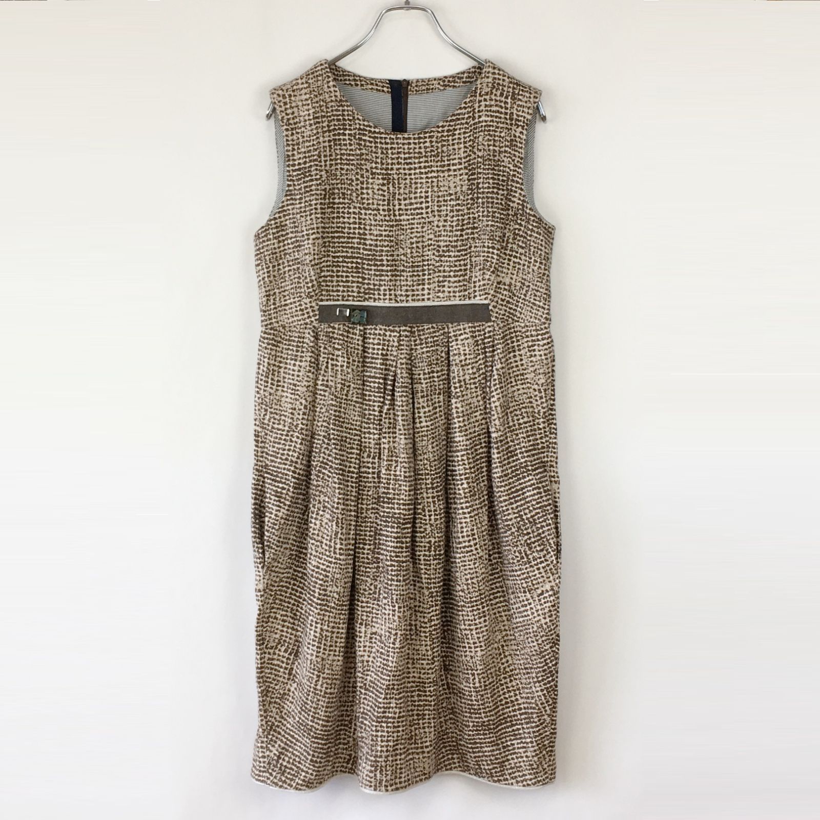 S Max Mara 総柄 リネン タック 切り替え ノースリーブワンピース 
